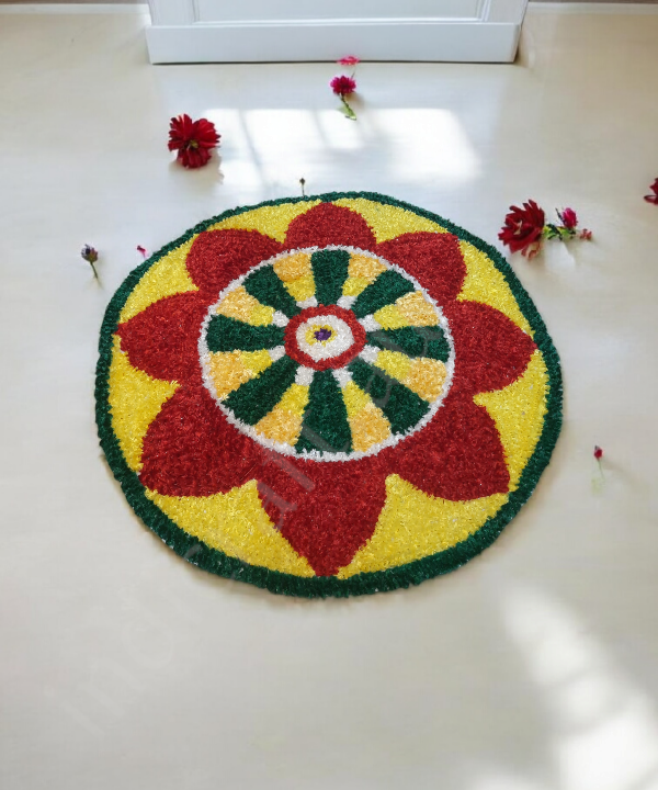 2 Feet Handmade Woolen Rangoli Mat – Traditional Indian Decorative Floor Mat for Festivals & Home Decor 1Pc