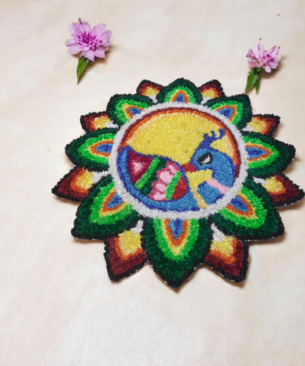 2 Feet Peacock Design Woolen Rangoli Mat, Handcrafted Floor Décor for Festivals & Pooja 1Pc