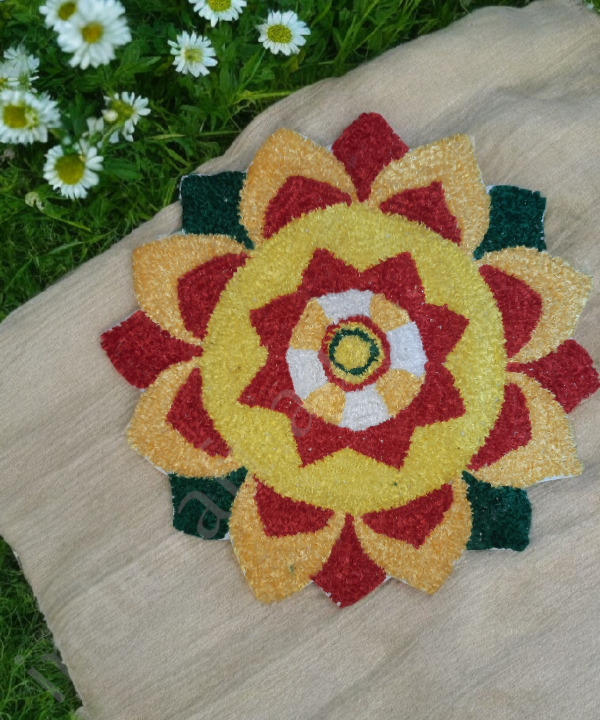 2 Feet Orange, Yellow & Red Petals Rangoli Mat – Handmade Woolen Floor Decor for Diwali & Pooja