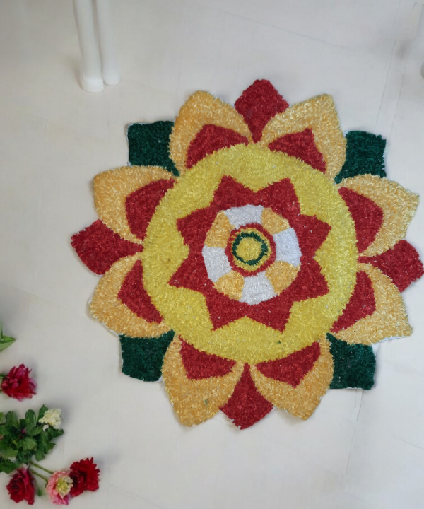 2 Feet Orange, Yellow & Red Petals Rangoli Mat – Handmade Woolen Floor Decor for Diwali & Pooja