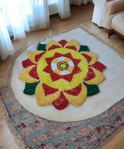 2 Feet Orange, Yellow & Red Petals Rangoli Mat – Handmade Woolen Floor Decor for Diwali & Pooja