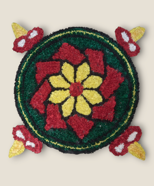 2 Feet Diya & Flower Design Woolen Rangoli Mat, Handmade Reusable Floor Décor for Diwali & Pooja 1Pc