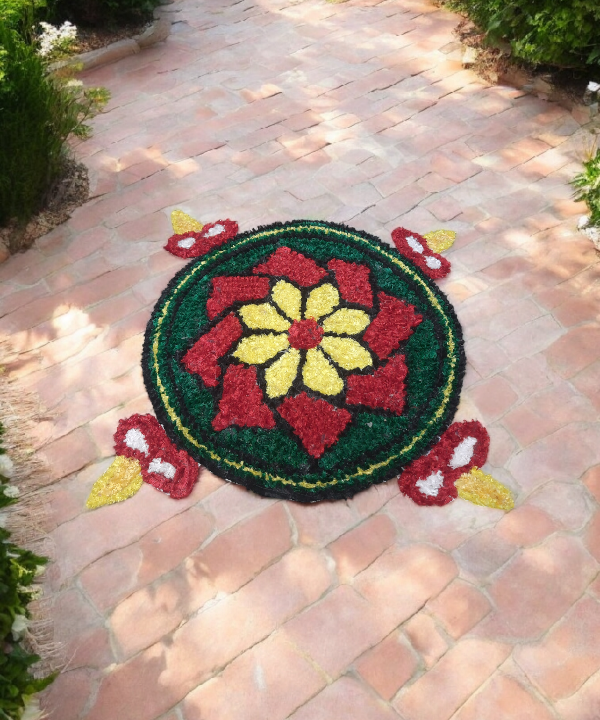 2 Feet Diya & Flower Design Woolen Rangoli Mat, Handmade Reusable Floor Décor for Diwali & Pooja 1Pc