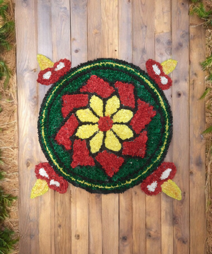 2 Feet Diya & Flower Design Woolen Rangoli Mat, Handmade Reusable Floor Décor for Diwali & Pooja 1Pc