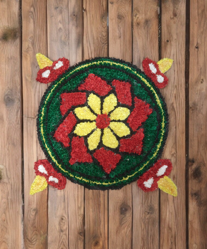 2 Feet Diya & Flower Design Woolen Rangoli Mat, Handmade Reusable Floor Décor for Diwali & Pooja 1Pc