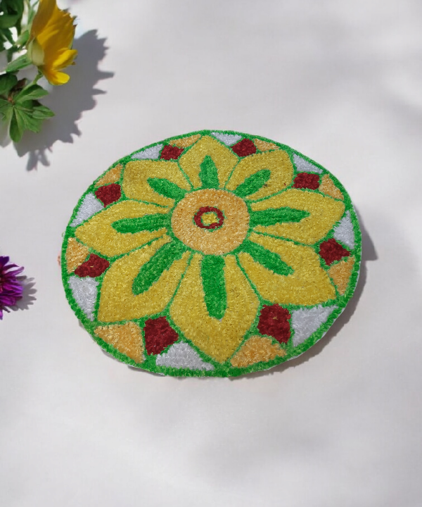 2 Feet Orange & Yellow Petals Woolen Rangoli Mat – Handmade Reusable Floral Floor Decor for Diwali & Pooja