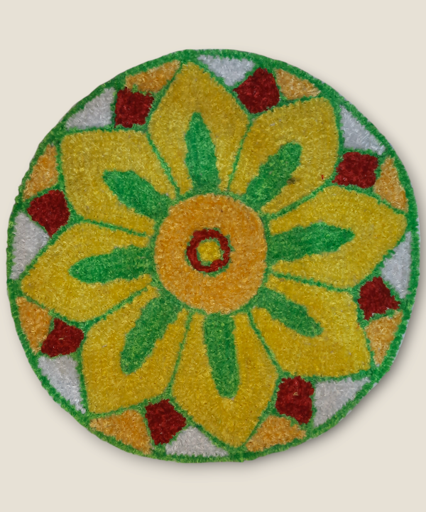 2 Feet Orange & Yellow Petals Woolen Rangoli Mat – Handmade Reusable Floral Floor Decor for Diwali & Pooja