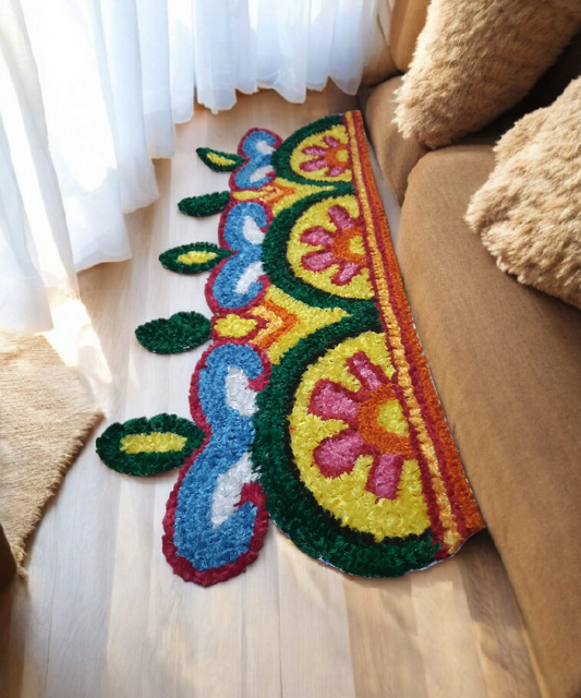 Border 86cm Length Semi-Circle Floral Rangoli Mat,Woolen Handcrafted Doorstep Decor for Festive Entrance 1pc