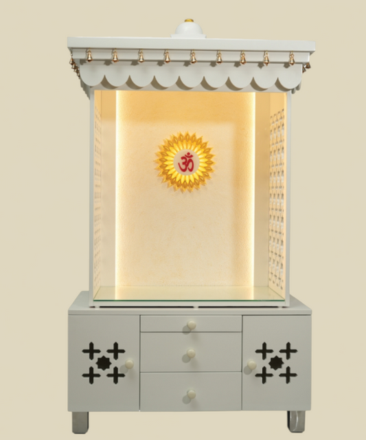 Premium White Wooden Temple with LED OM, Bell Canopy & Storage – Perfect for Home & Office. Modern Mandir for Peaceful Daily Pooja.