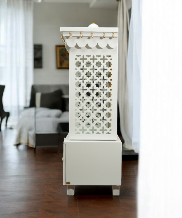 Premium White Wooden Temple with LED OM, Bell Canopy & Storage – Perfect for Home & Office. Modern Mandir for Peaceful Daily Pooja.