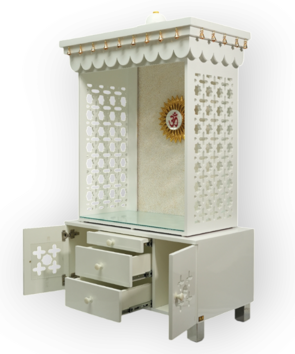 Premium White Wooden Temple with LED OM, Bell Canopy & Storage – Perfect for Home & Office. Modern Mandir for Peaceful Daily Pooja.