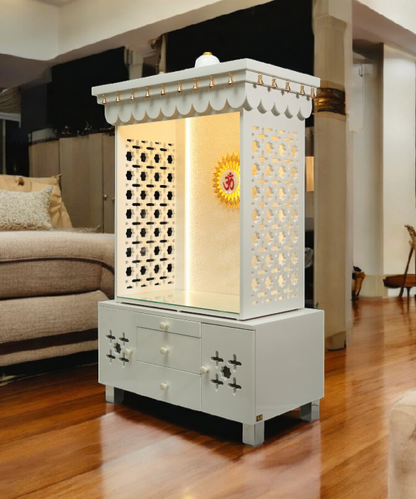 Premium White Wooden Temple with LED OM, Bell Canopy & Storage – Perfect for Home & Office. Modern Mandir for Peaceful Daily Pooja.