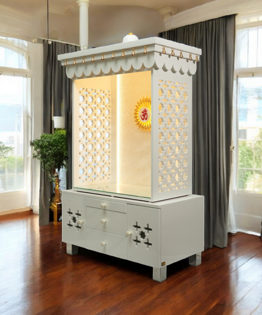 Premium White Wooden Temple with LED OM, Bell Canopy & Storage – Perfect for Home & Office. Modern Mandir for Peaceful Daily Pooja.