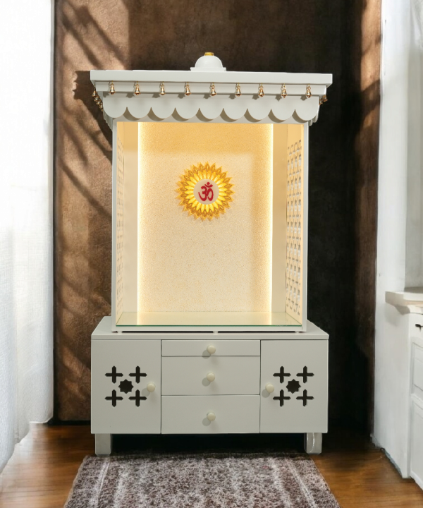 Premium White Wooden Temple with LED OM, Bell Canopy & Storage – Perfect for Home & Office. Modern Mandir for Peaceful Daily Pooja.