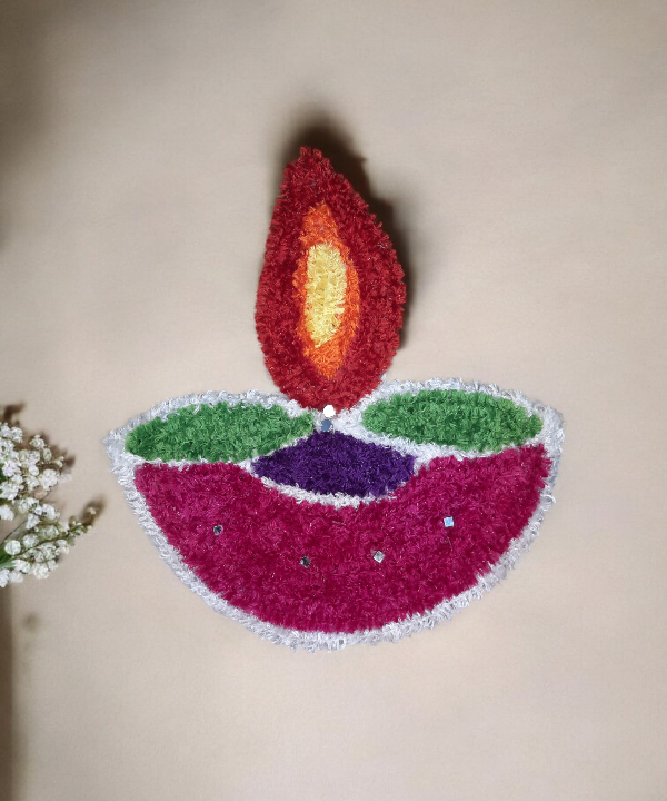 1 Feet Handmade Diya Rangoli Mat with Mirror Work – Festive Woolen Floor Decoration