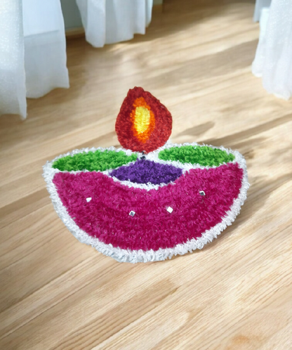 1 Feet Handmade Diya Rangoli Mat with Mirror Work – Festive Woolen Floor Decoration