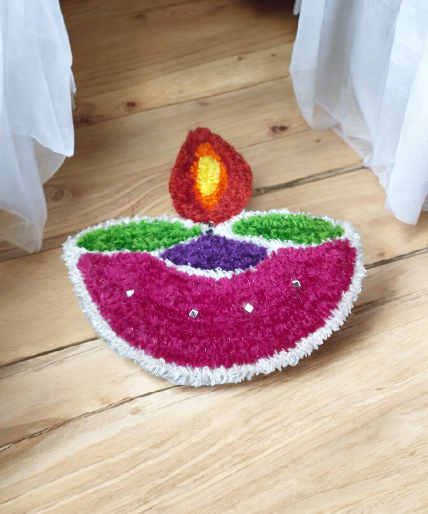 1 Feet Handmade Diya Rangoli Mat with Mirror Work – Festive Woolen Floor Decoration