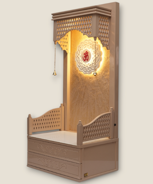 Handcrafted Wooden Pooja Mandir with Bells, Drawers & Om Back Panel | Home Temple for Prayer & Meditation (Beige Finish)