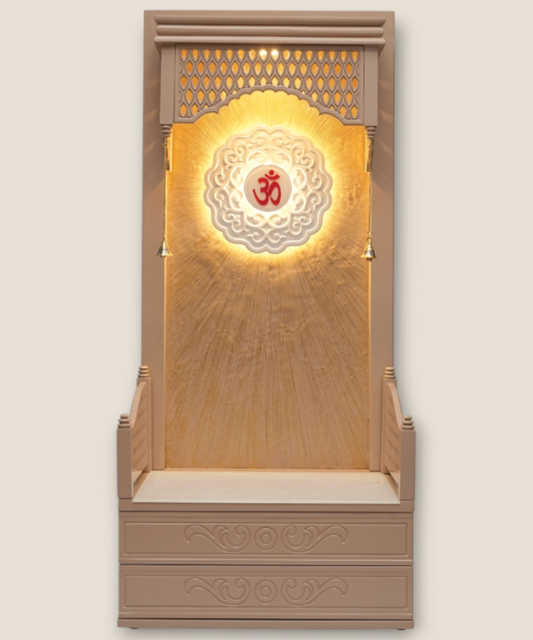 Handcrafted Wooden Pooja Mandir with Bells, Drawers & Om Back Panel | Home Temple for Prayer & Meditation (Beige Finish)