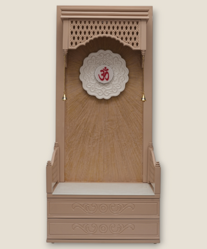 Handcrafted Wooden Pooja Mandir with Bells, Drawers & Om Back Panel | Home Temple for Prayer & Meditation (Beige Finish)