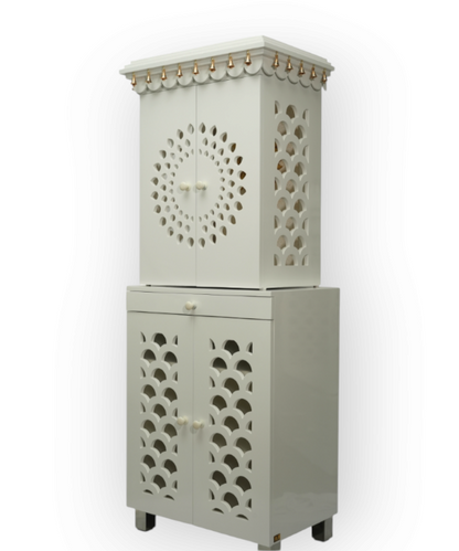 White Wooden Temple for Home with Bells & Storage | Elegant Pooja Mandir with Lights & Carved Doors
