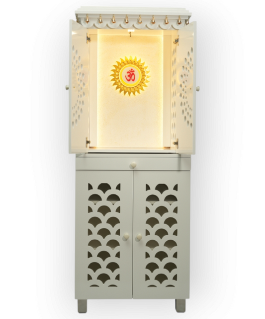 White Wooden Temple for Home with Bells & Storage | Elegant Pooja Mandir with Lights & Carved Doors