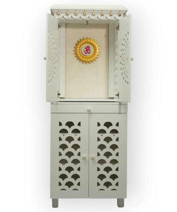 White Wooden Temple for Home with Bells & Storage | Elegant Pooja Mandir with Lights & Carved Doors