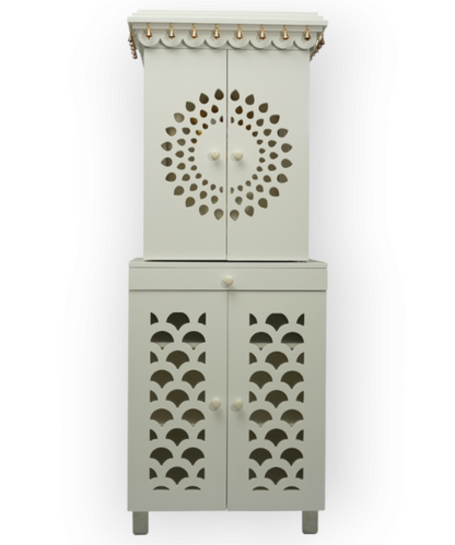 White Wooden Temple for Home with Bells & Storage | Elegant Pooja Mandir with Lights & Carved Doors