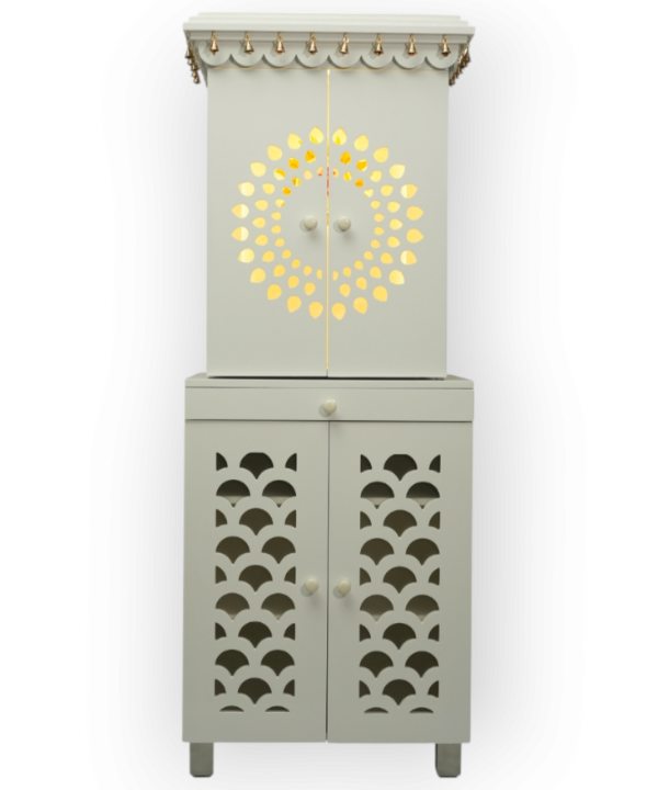 White Wooden Temple for Home with Bells & Storage | Elegant Pooja Mandir with Lights & Carved Doors
