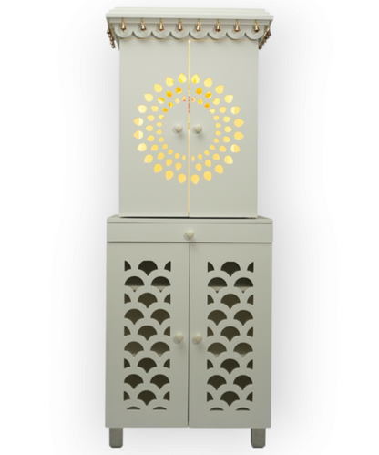 White Wooden Temple for Home with Bells & Storage | Elegant Pooja Mandir with Lights & Carved Doors