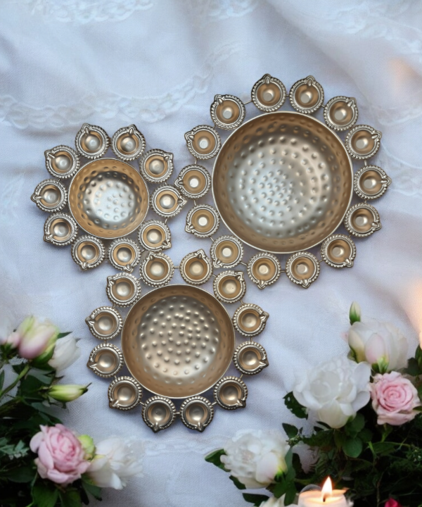 Urli Diya, 3pcs, Urli Bowl, Diwali Decor Lotus Urli, Diwali Diya, Golden Candle Holder, Tealight Candle Holder, Pooja Diya Urli 12" 14" 16"