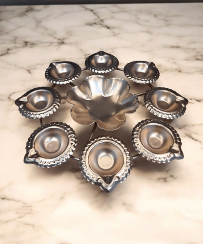 Metal Urli Bowl with 6 Diyas for Floating Flowers & Tea Light Candles – Perfect for Home, Office, and Table Decor, Diwali & Christmas Decorations ( 8-Inch )