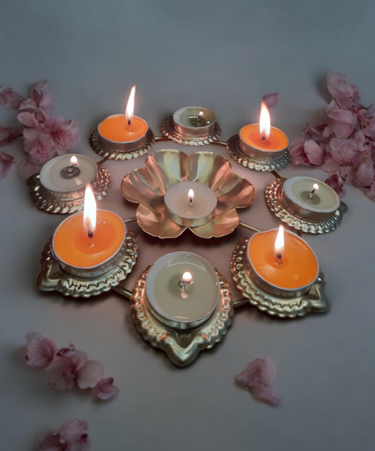 Metal Urli Bowl with 6 Diyas for Floating Flowers & Tea Light Candles – Perfect for Home, Office, and Table Decor, Diwali & Christmas Decorations ( 8-Inch )