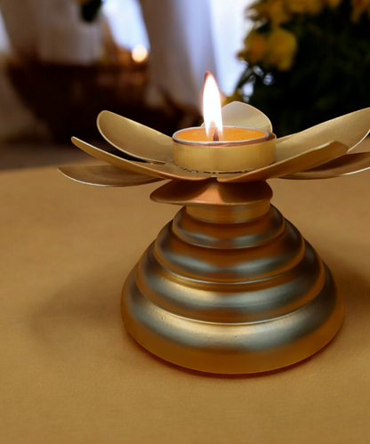 Metal Lotus Golden Candle Holder, Lotus Flower Design Tabletop Decor for Diwali, Weddings & Home, Elegant Tea Light Holder with Glossy Finish