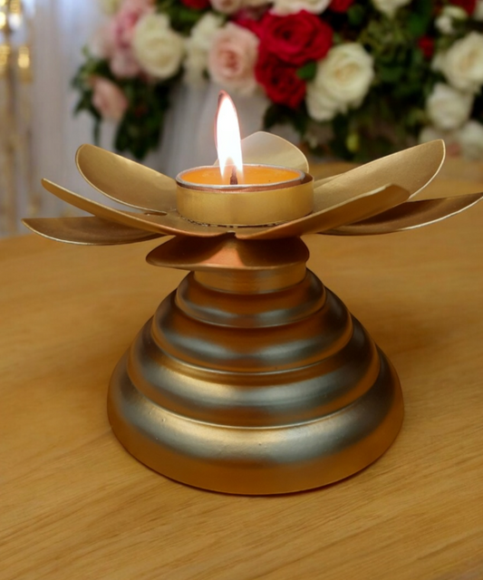 Metal Lotus Golden Candle Holder, Lotus Flower Design Tabletop Decor for Diwali, Weddings & Home, Elegant Tea Light Holder with Glossy Finish