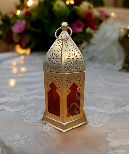 Metal & Glass Lantern, Little Moroccan Lantern, Mini Glass Lantern -Red Color