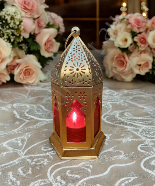 Metal & Glass Lantern, Little Moroccan Lantern, Mini Glass Lantern -Red Color