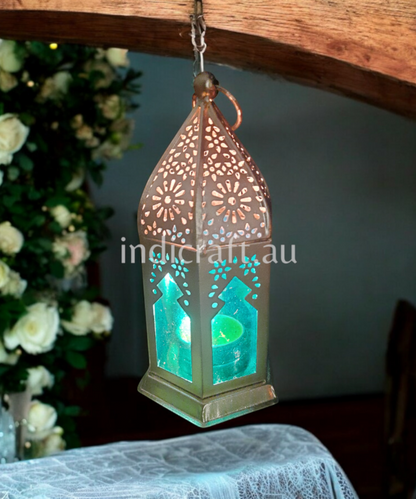 Metal & Glass Lantern, Little Moroccan Lantern, Mini Glass Lantern -Blue Color