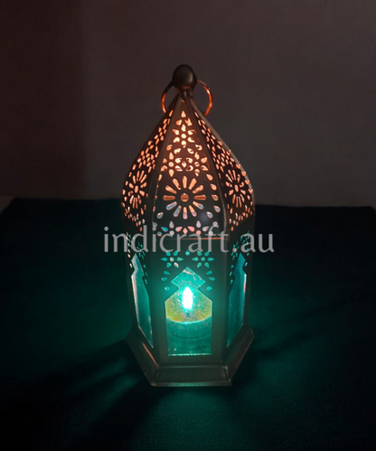 Metal & Glass Lantern, Little Moroccan Lantern, Mini Glass Lantern -Blue Color