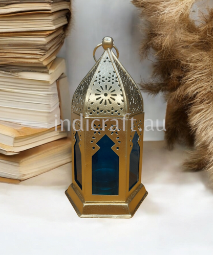 Metal & Glass Lantern, Little Moroccan Lantern, Mini Glass Lantern -Blue Color