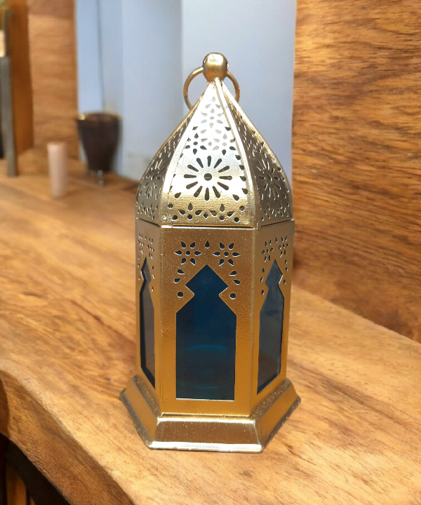 Metal & Glass Lantern, Little Moroccan Lantern, Mini Glass Lantern -Blue Color