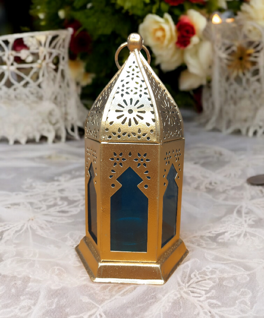 Metal & Glass Lantern, Little Moroccan Lantern, Mini Glass Lantern -Blue Color