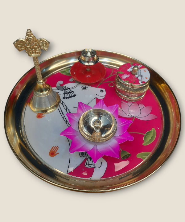 Metal Pichwai Pooja Thali With Diya,Bell,Incense Holder,Kumkum container, For Puja(Pink)