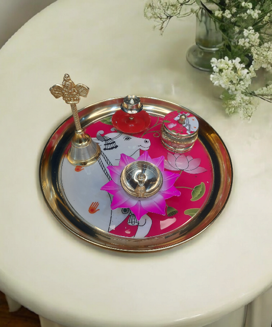 Metal Pichwai Pooja Thali With Diya,Bell,Incense Holder,Kumkum container, For Puja(Pink)