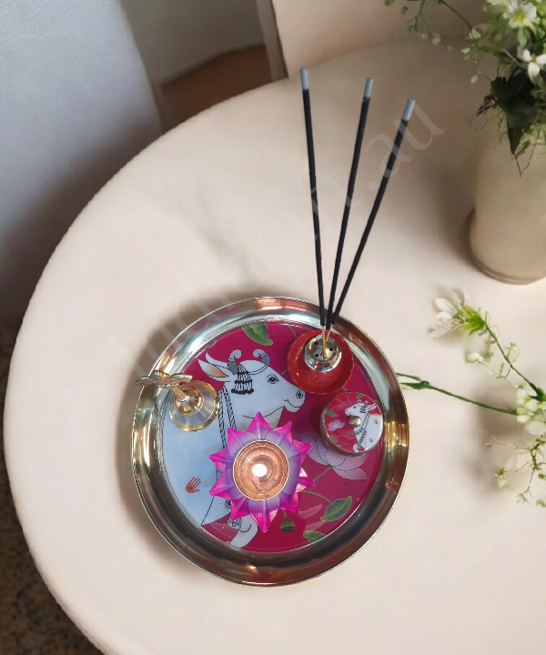 Metal Pichwai Pooja Thali With Diya,Bell,Incense Holder,Kumkum container, For Puja(Pink)