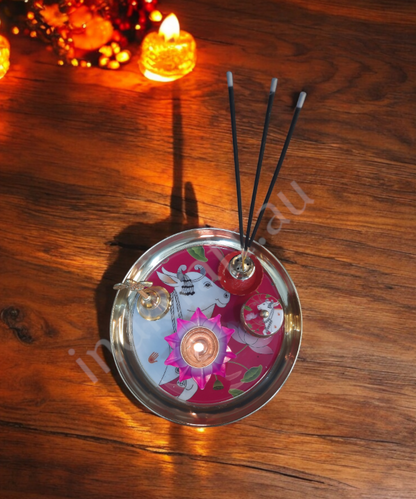 Metal Pichwai Pooja Thali With Diya,Bell,Incense Holder,Kumkum container, For Puja(Pink)