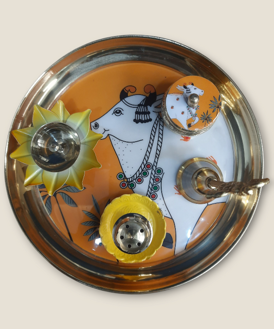 Metal Pichwai Pooja Thali With Diya,Bell,Incense Holder,Kumkum container, For Puja(Yellow)