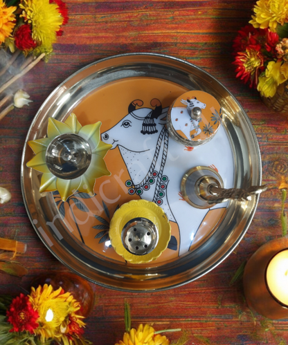 Metal Pichwai Pooja Thali With Diya,Bell,Incense Holder,Kumkum container, For Puja(Yellow)