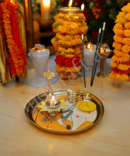 Metal Pichwai Pooja Thali With Diya,Bell,Incense Holder,Kumkum container, For Puja(Yellow)