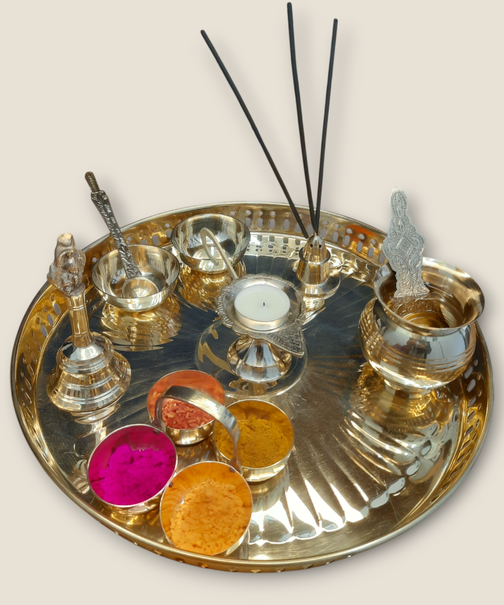 10 pc 12"Brass Pooja Thali Set, Traditional Puja Plate for Daily Rituals & Festive Use